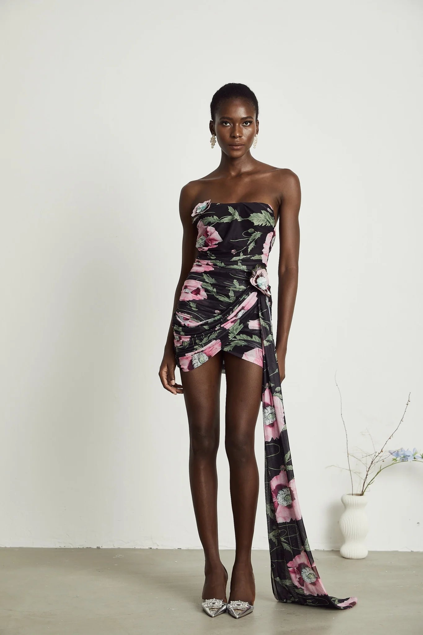 Violetta Mini Dress Black Pink Ribbon Floral Asymmetric Feminine