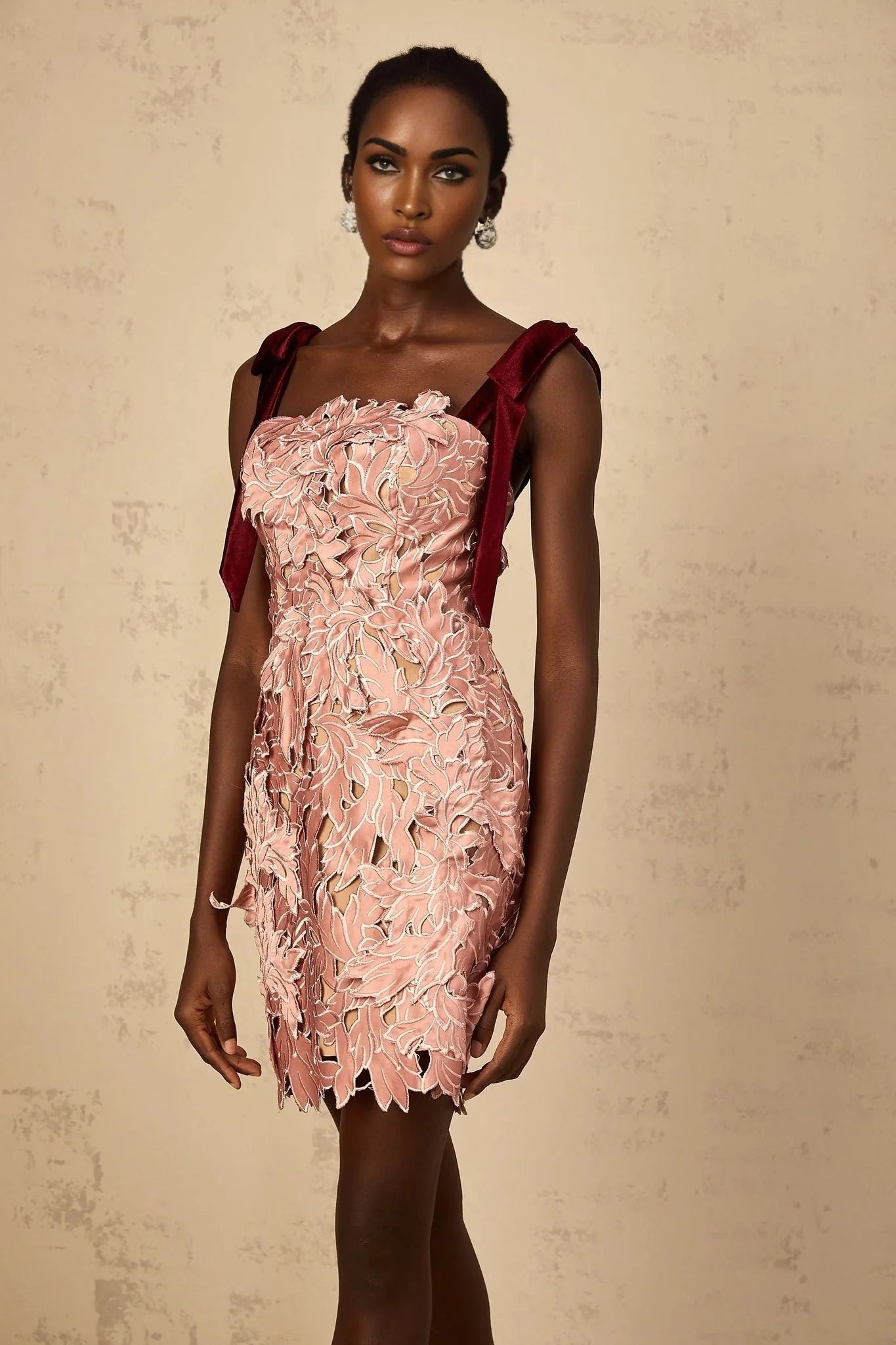 Violetta Mini Dress Pink Floral Off - Shoulder & Cut - Out Design