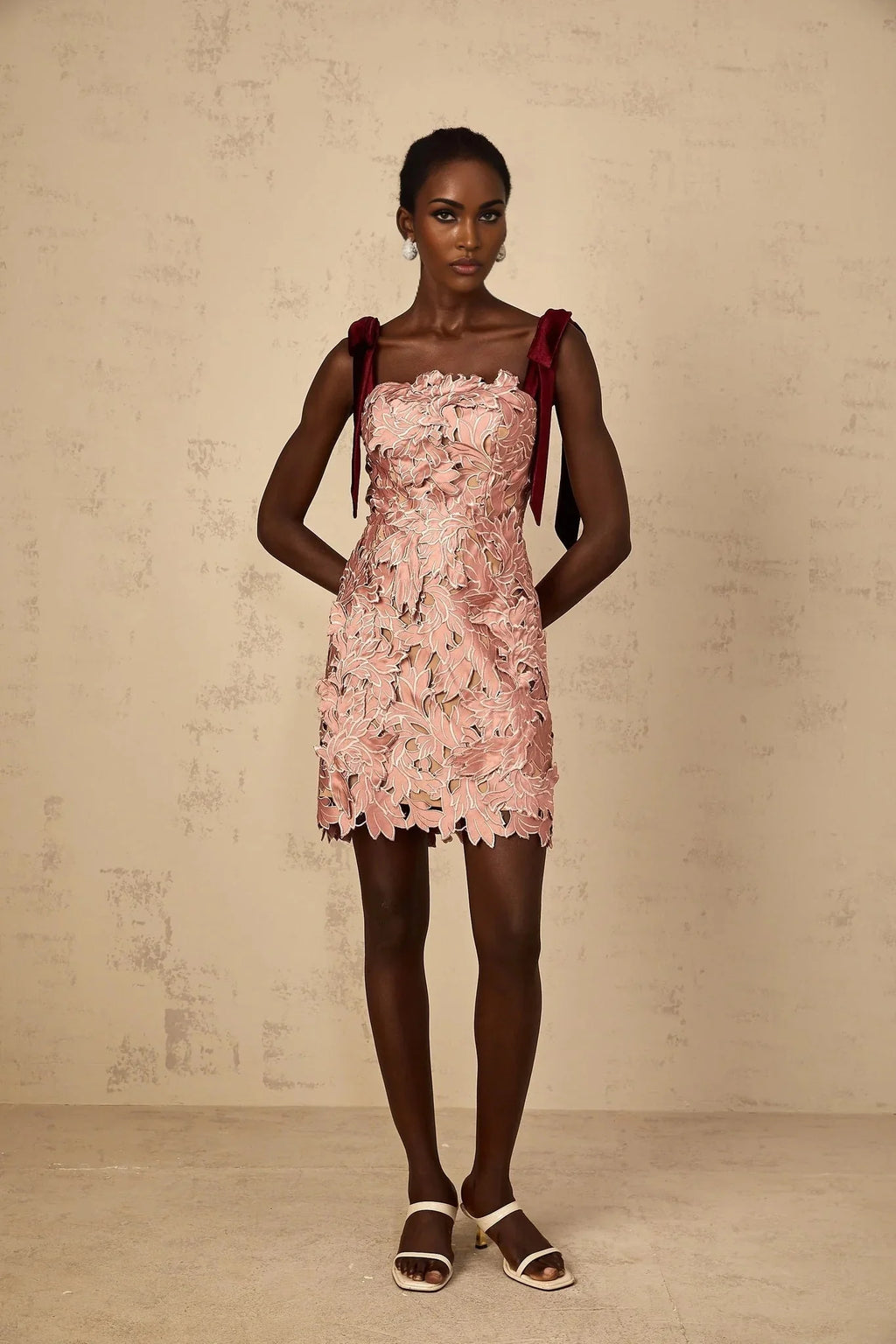 Violetta Mini Dress Pink Floral Off - Shoulder & Cut - Out Design