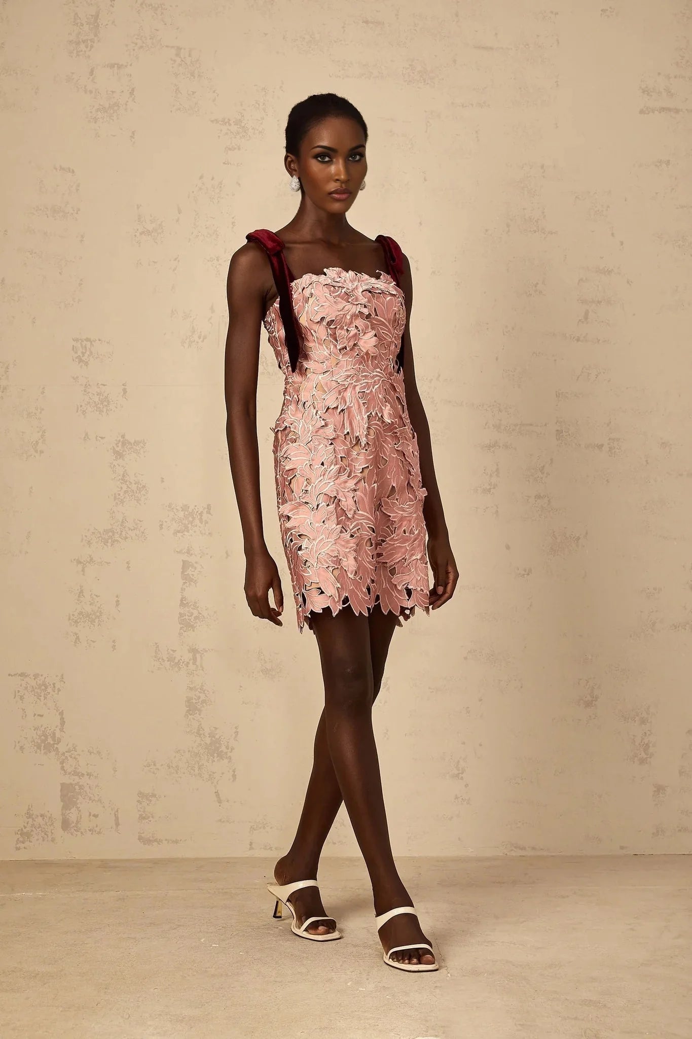 Violetta Mini Dress Pink Floral Off - Shoulder & Cut - Out Design