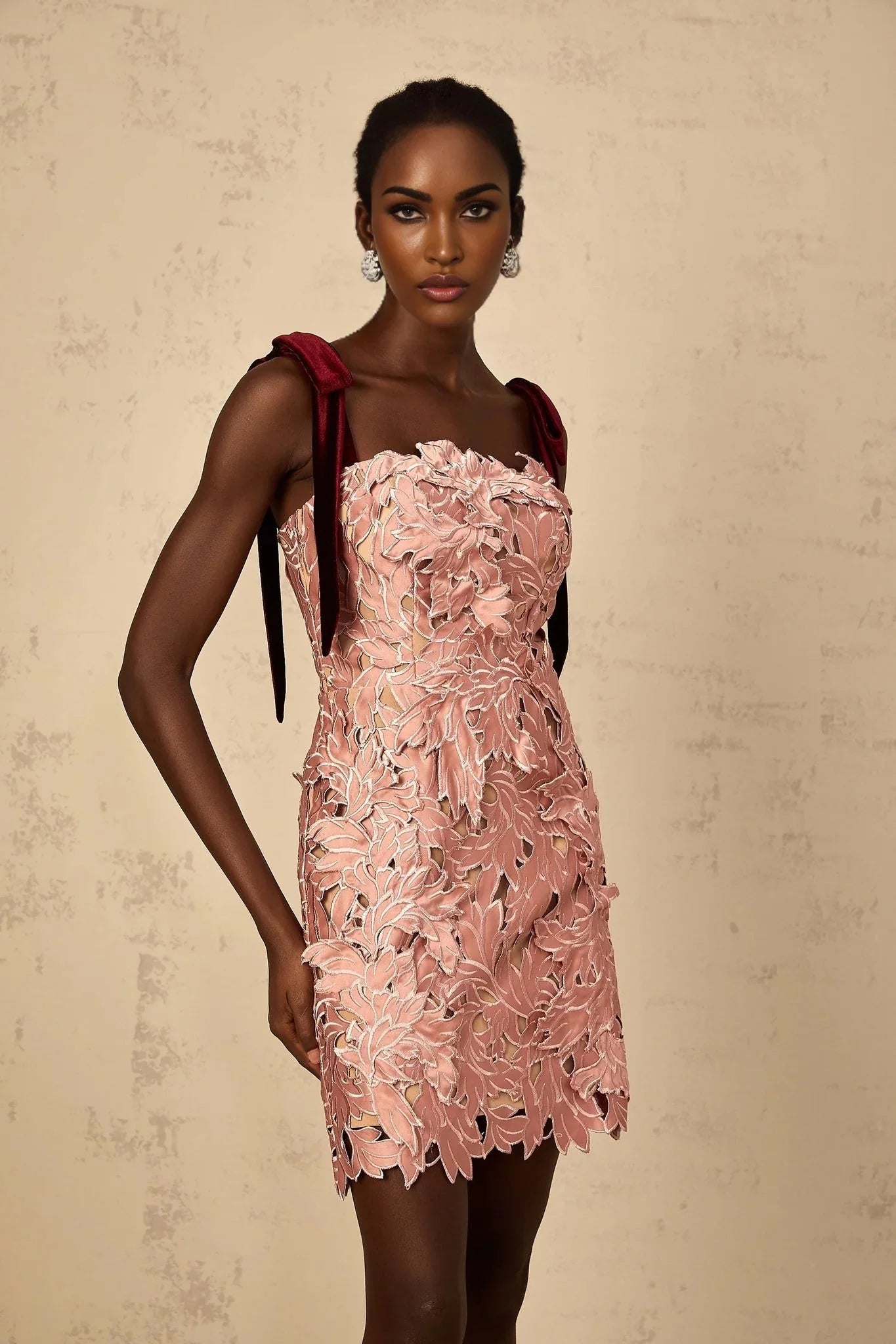 Violetta Mini Dress Pink Floral Off - Shoulder & Cut - Out Design