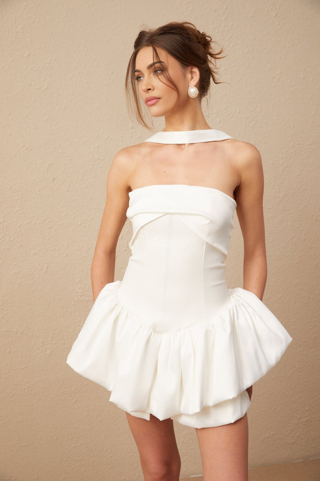 Violetta Mini Dress White Halterneck Ruffled Hem Zip Included