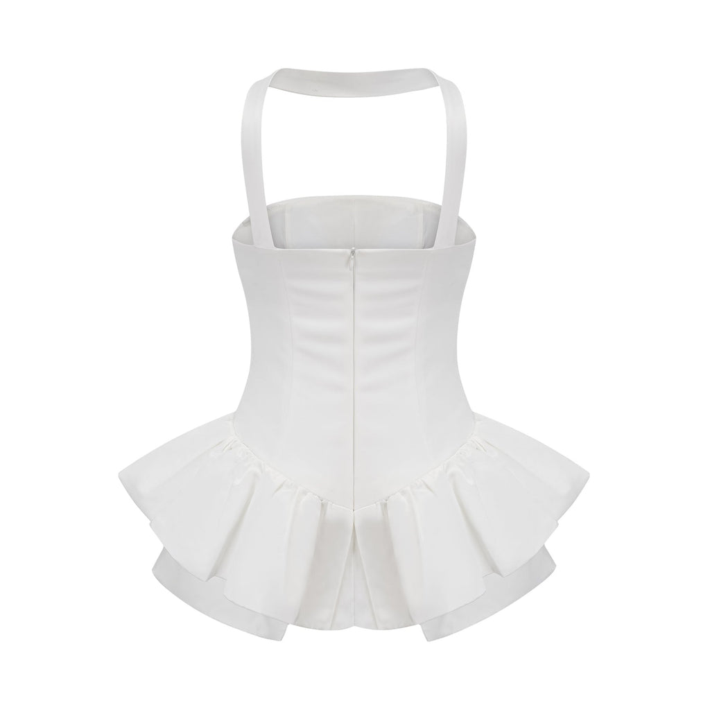 Violetta Mini Dress White Halterneck Ruffled Hem Zip Included
