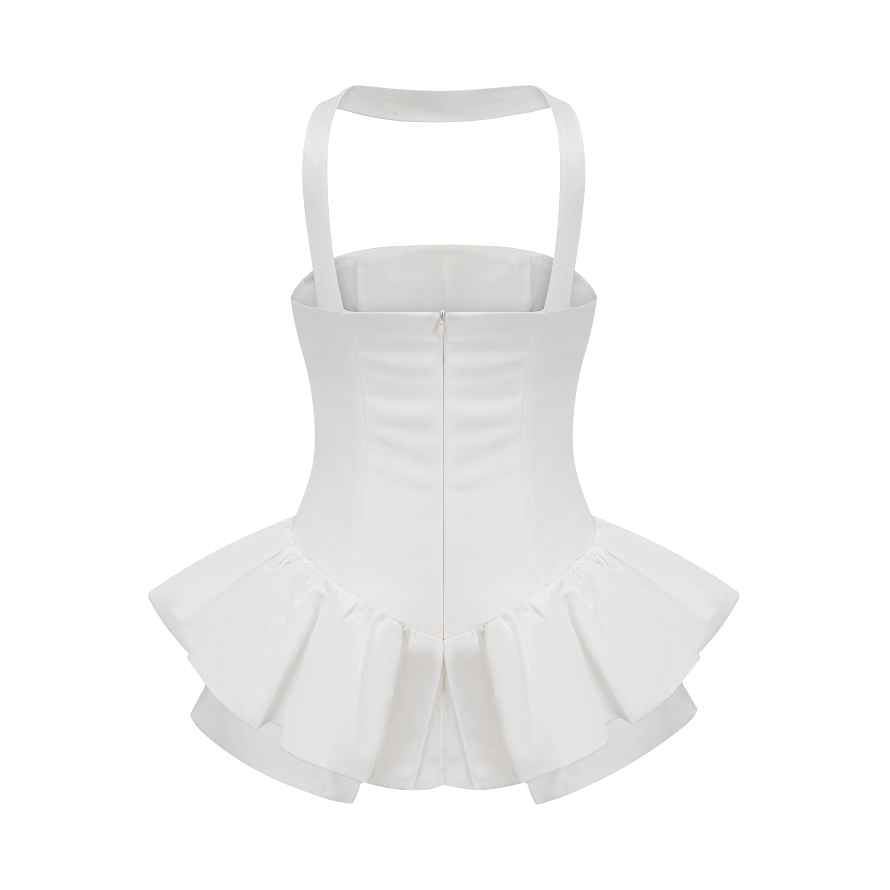 Violetta Mini Dress White Halterneck Ruffled Hem Zip Included