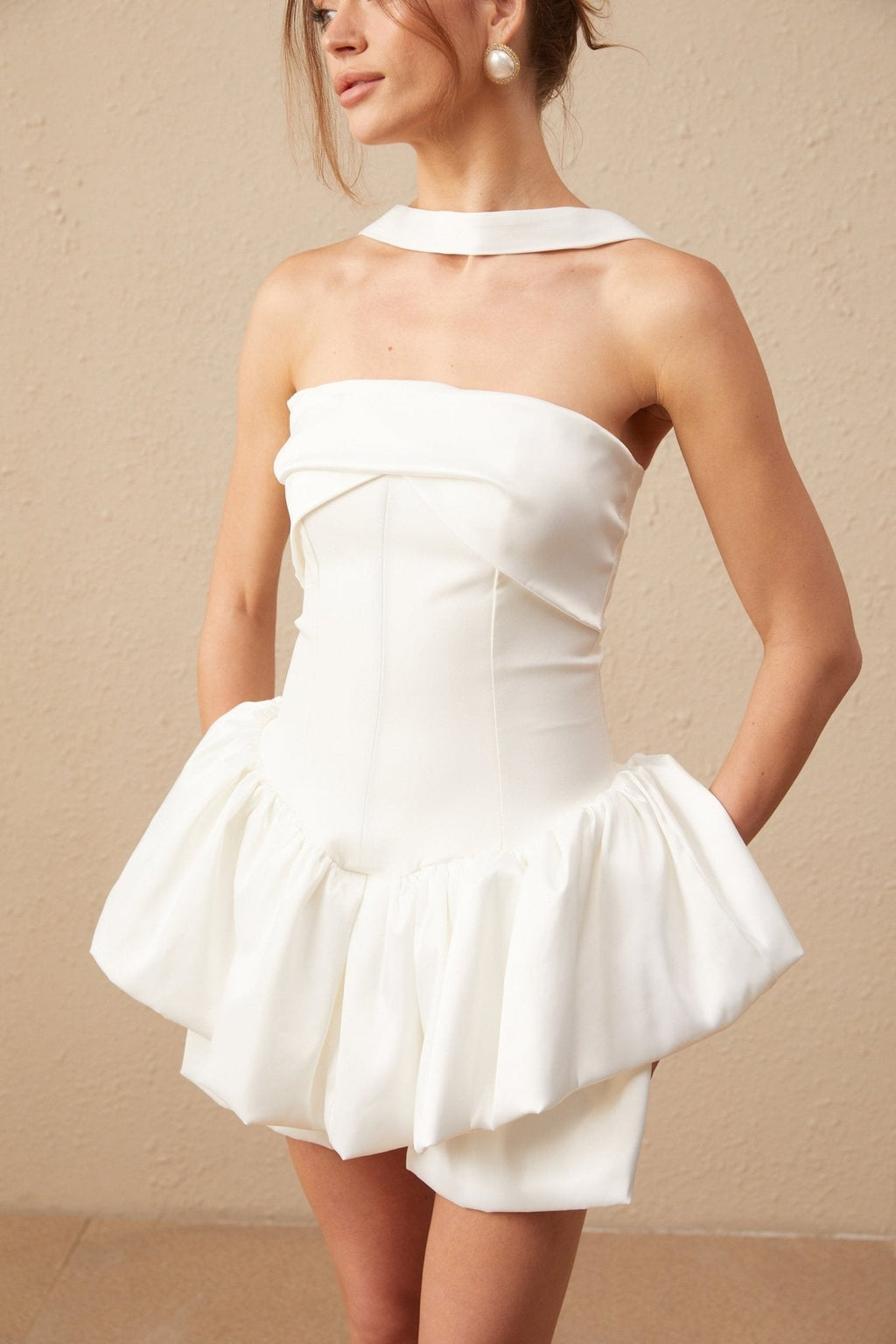 Violetta Mini Dress White Halterneck Ruffled Hem Zip Included