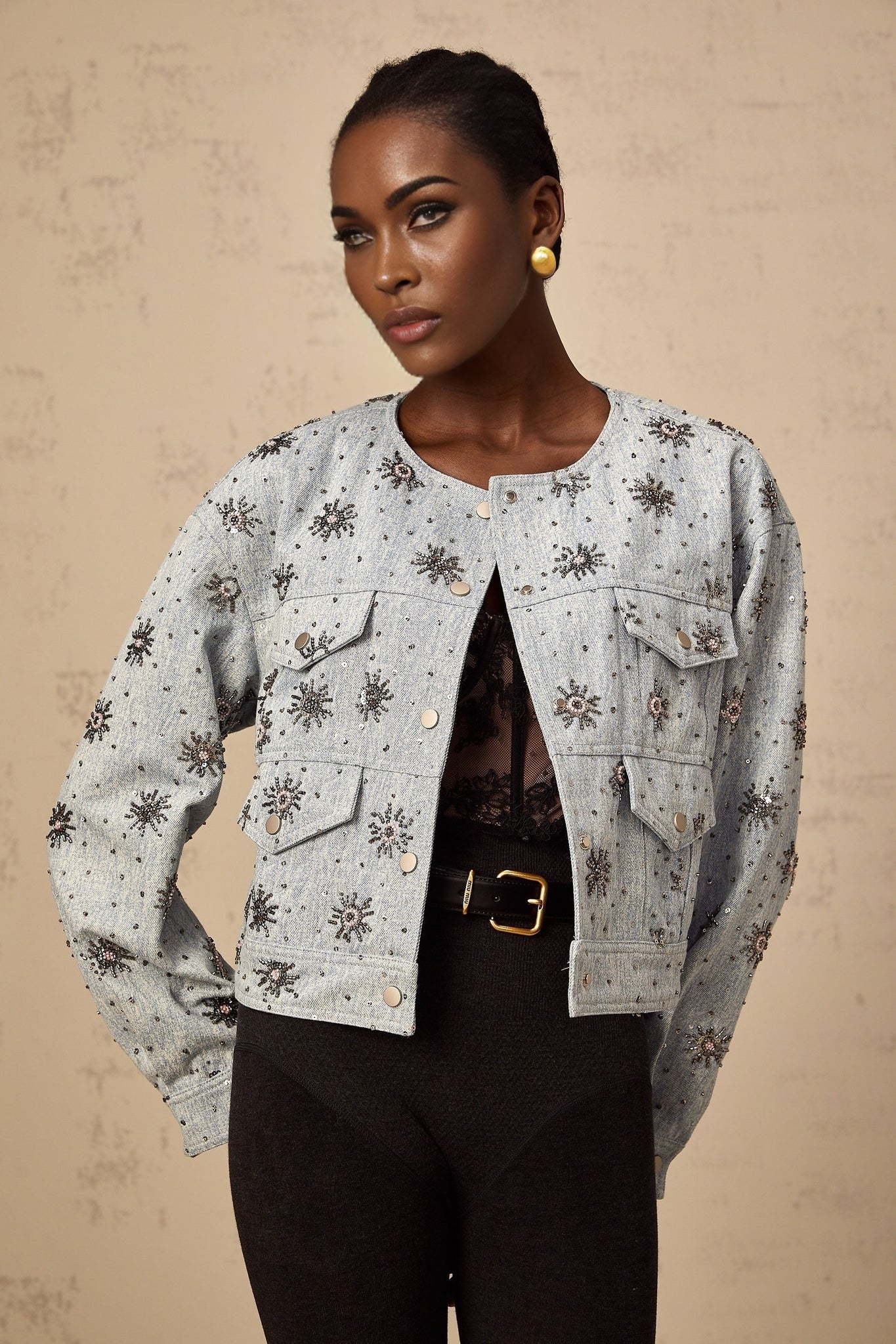 Virginia Denim Jacket Blue Studded Sun Motif