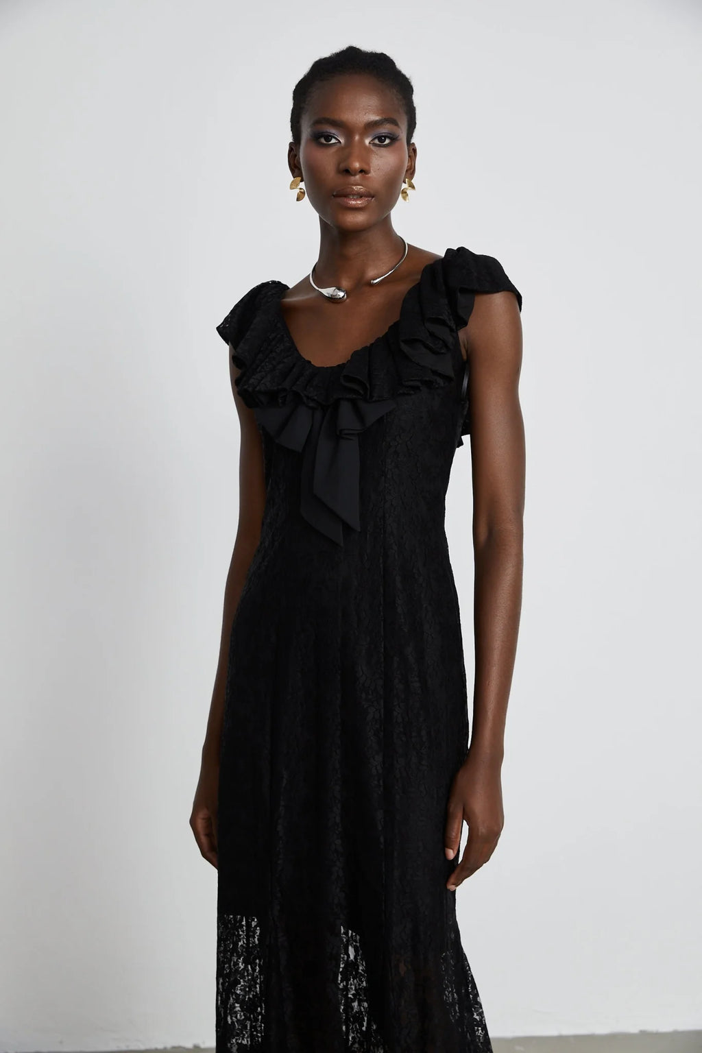Virginia Gown Black Chantilly Lace Bow Trim & Slip Dress
