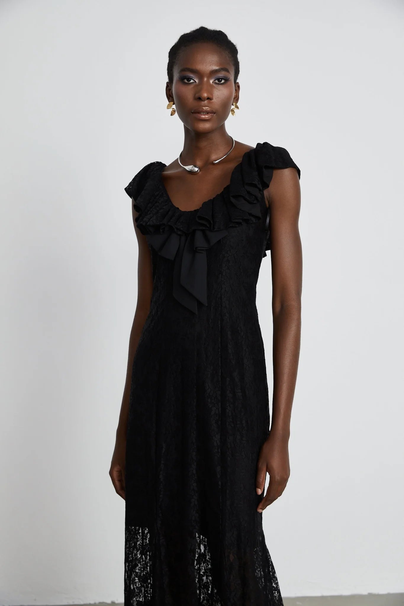 Virginia Gown Black Chantilly Lace Bow Trim & Slip Dress