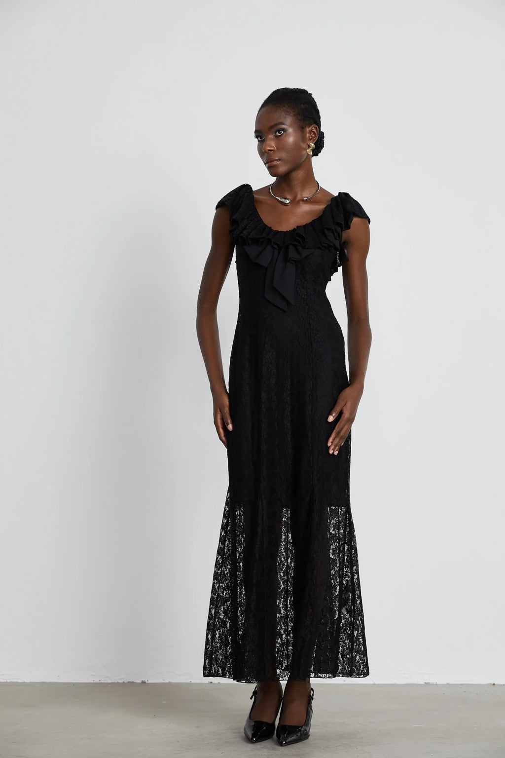 Virginia Gown Black Chantilly Lace Bow Trim & Slip Dress