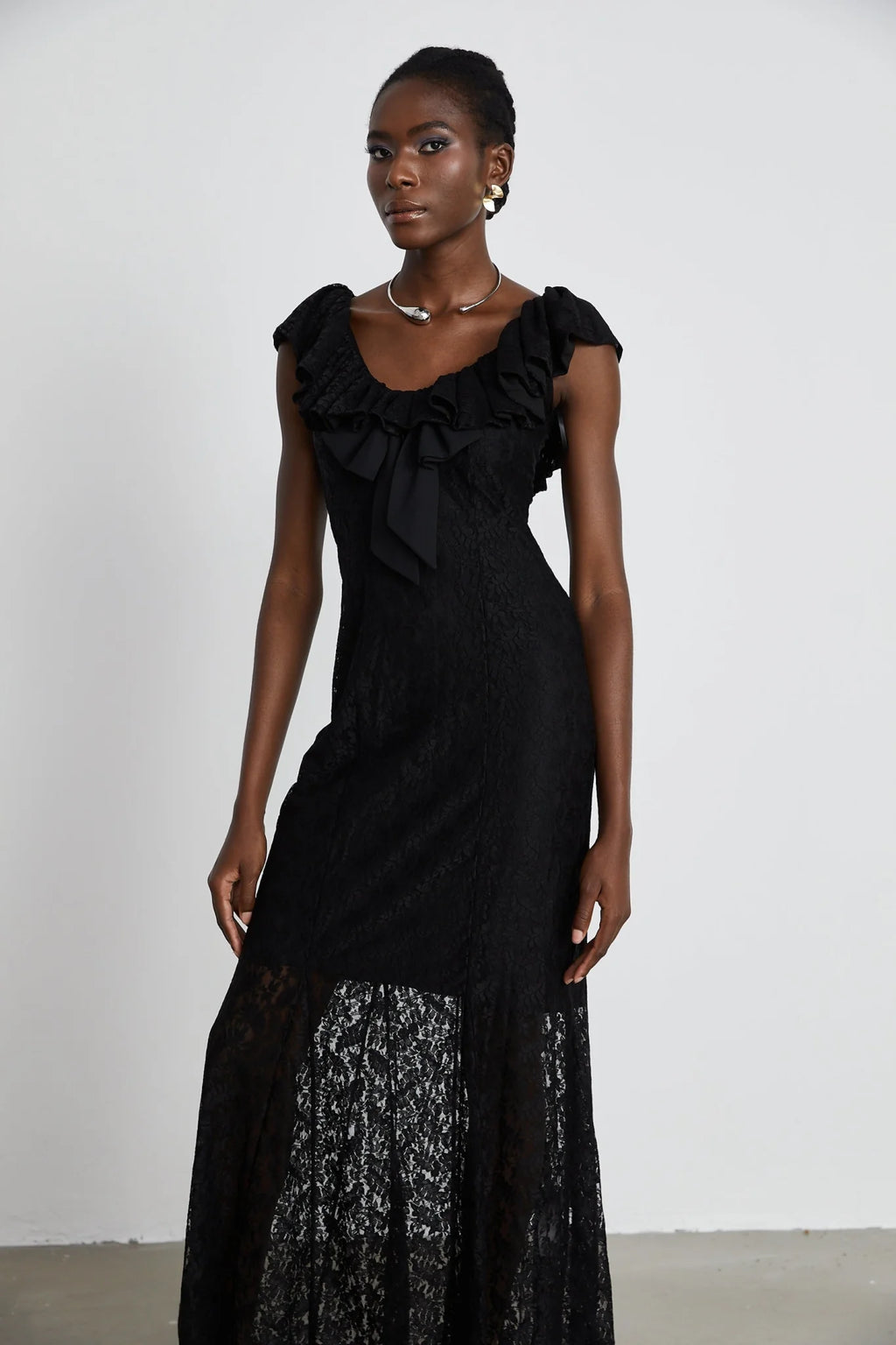 Virginia Gown Black Chantilly Lace Bow Trim & Slip Dress