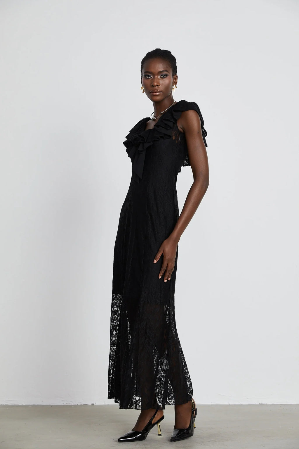 Virginia Gown Black Chantilly Lace Bow Trim & Slip Dress