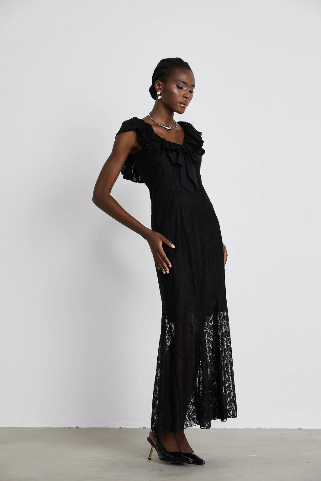 Virginia Gown Black Chantilly Lace Bow Trim & Slip Dress