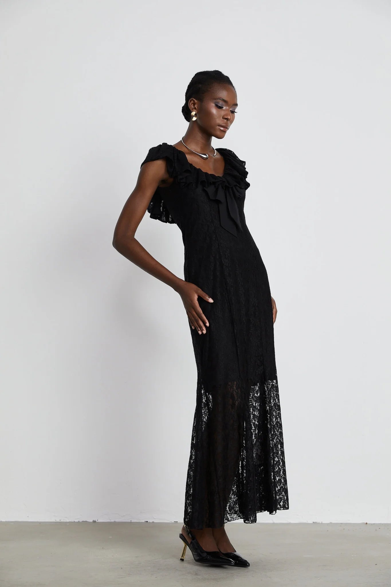 Virginia Gown Black Chantilly Lace Bow Trim & Slip Dress