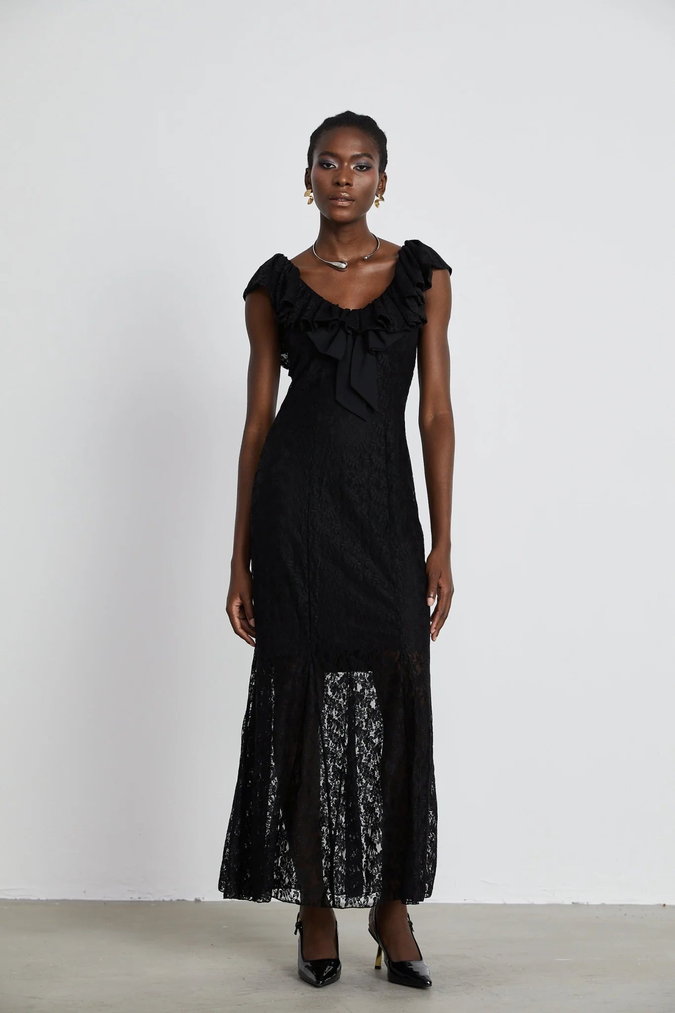 Virginia Gown Black Chantilly Lace Bow Trim & Slip Dress