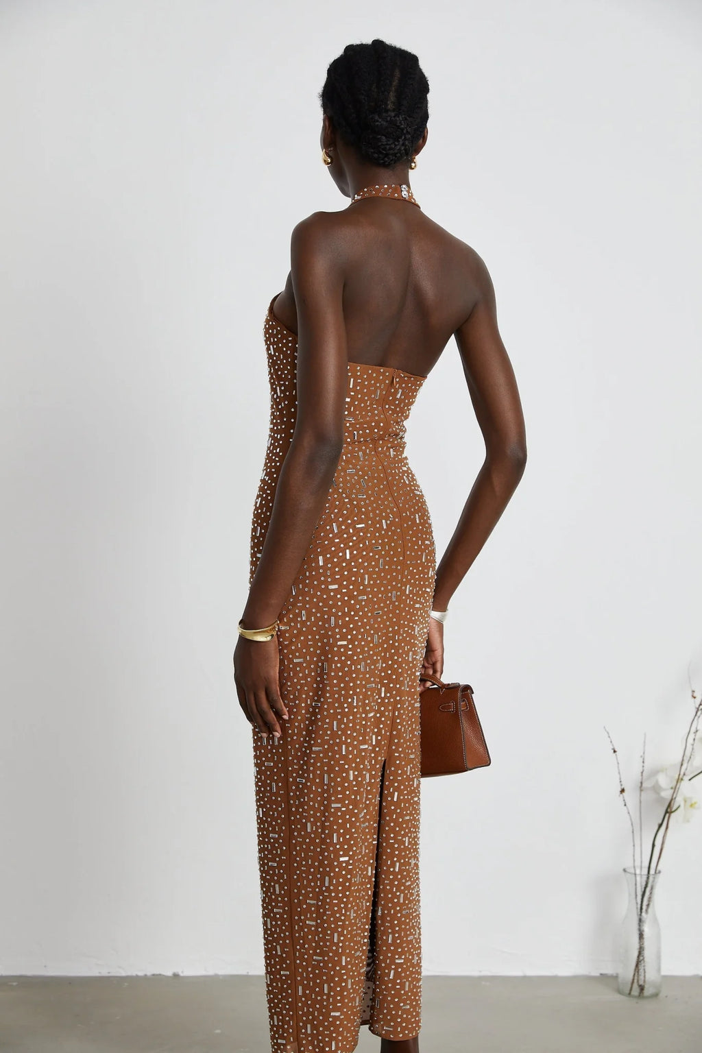 Virginia Maxi Dress - Halter Neck Brown with Crystal Embellishment & Bodycon Fit