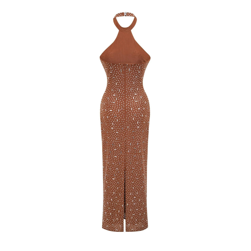 Virginia Maxi Dress - Halter Neck Brown with Crystal Embellishment & Bodycon Fit
