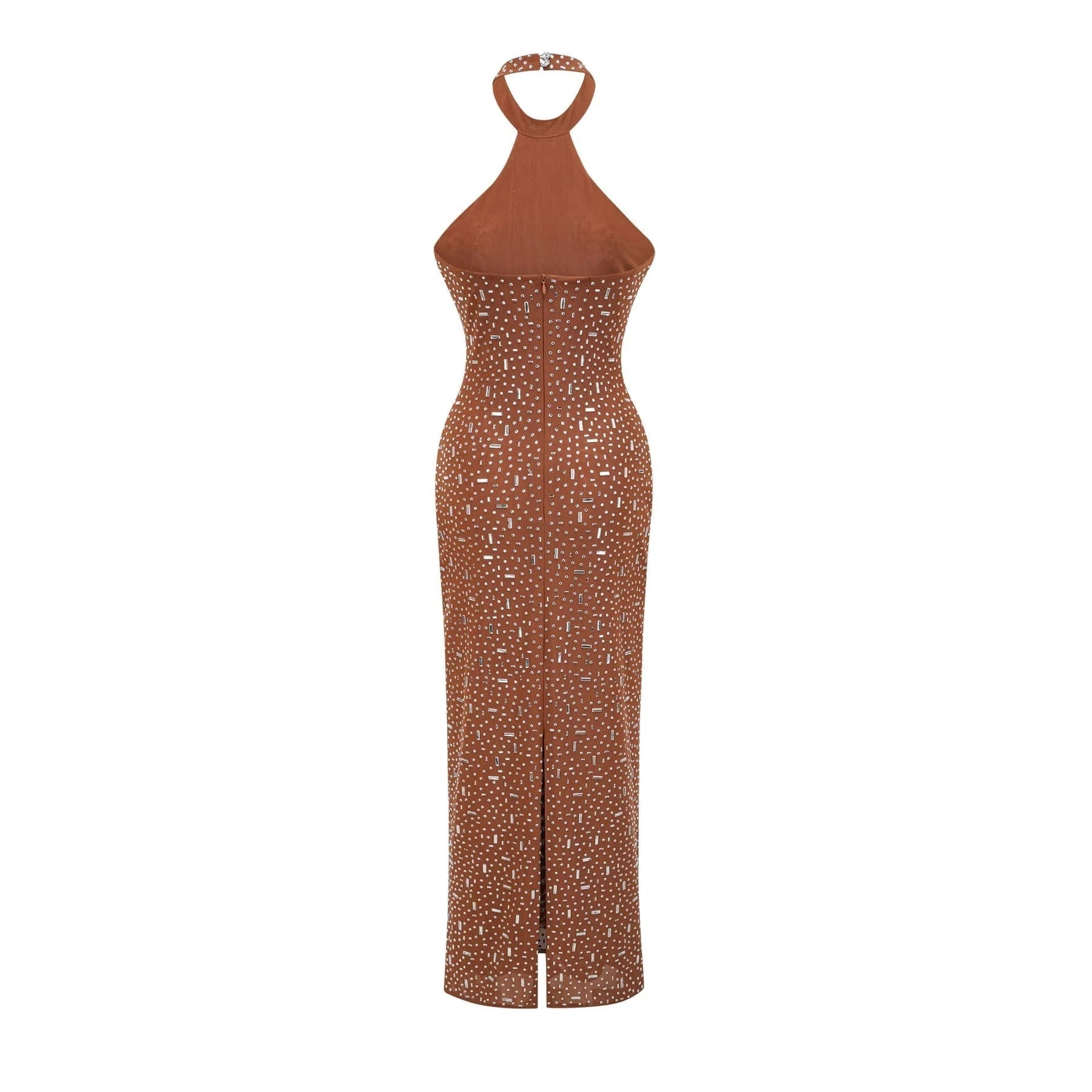 Virginia Maxi Dress - Halter Neck Brown with Crystal Embellishment & Bodycon Fit