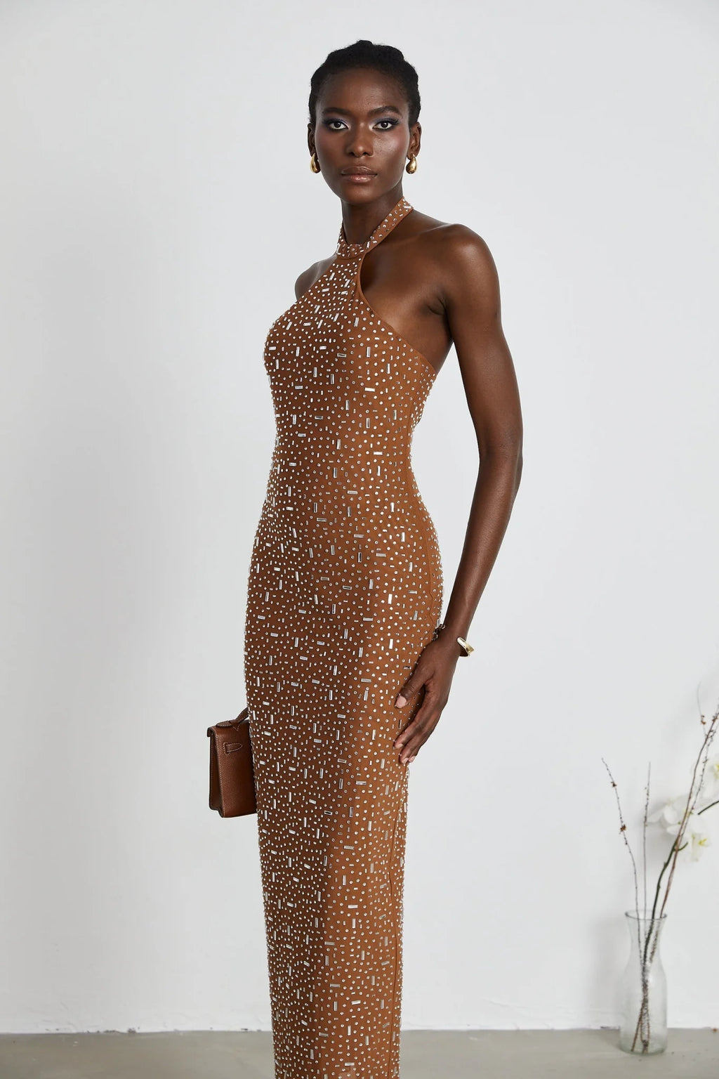 Virginia Maxi Dress - Halter Neck Brown with Crystal Embellishment & Bodycon Fit