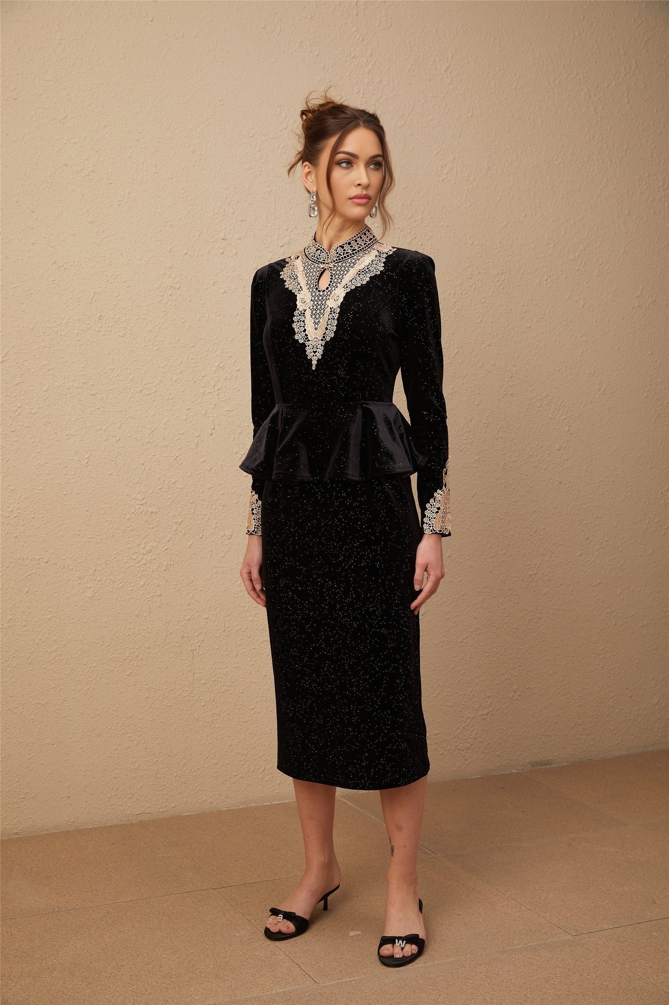 Virginia Midi Dress Black Gold Sequin Ruffle Lace Embellished
