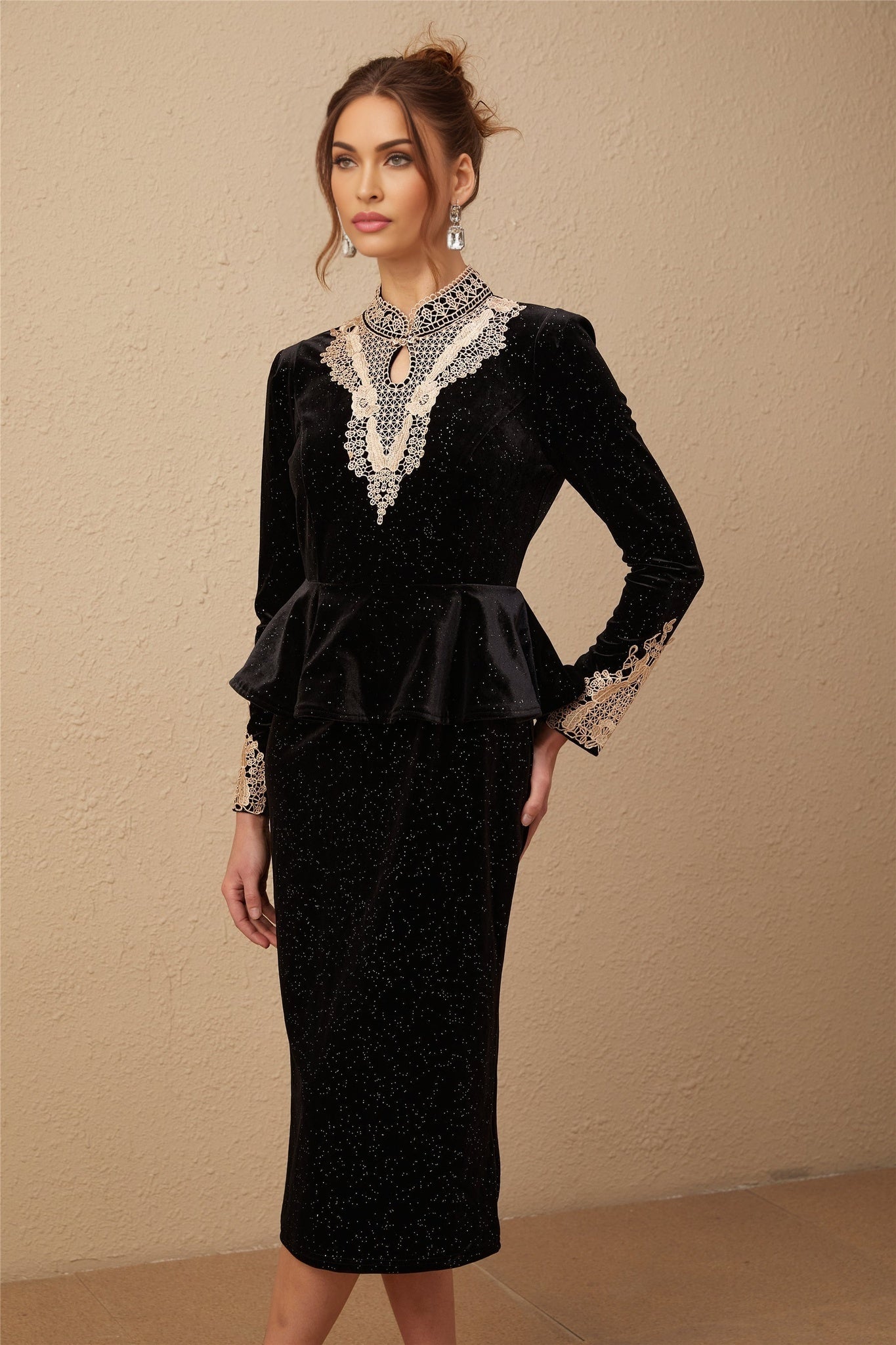 Virginia Midi Dress Black Gold Sequin Ruffle Lace Embellished