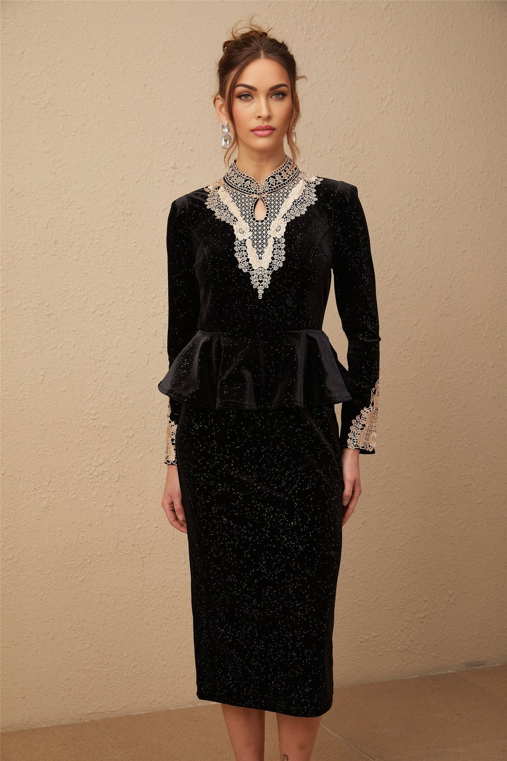 Virginia Midi Dress Black Gold Sequin Ruffle Lace Embellished