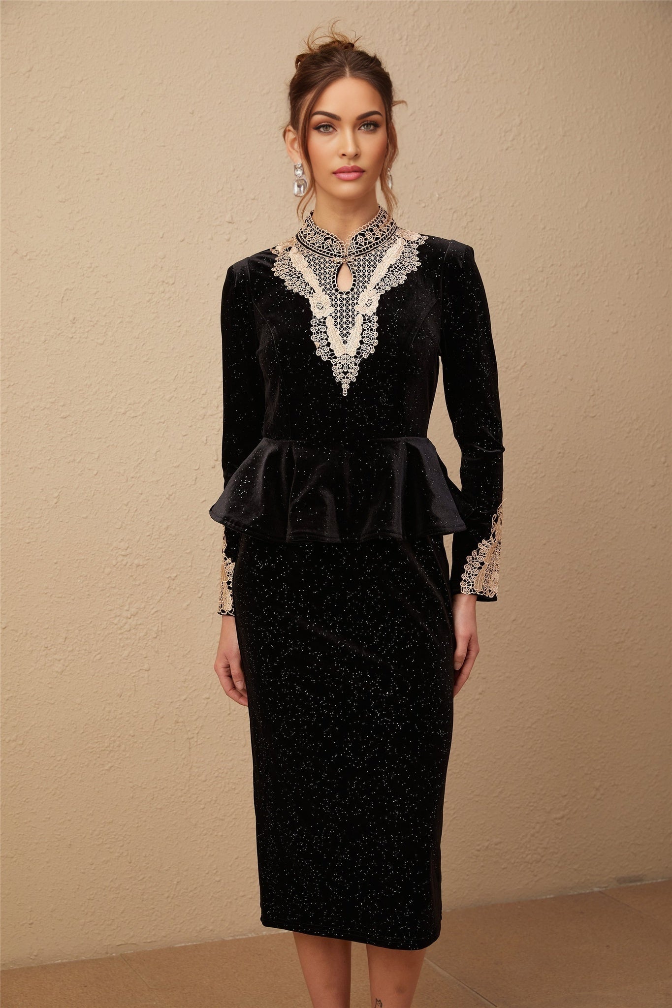Virginia Midi Dress Black Gold Sequin Ruffle Lace Embellished