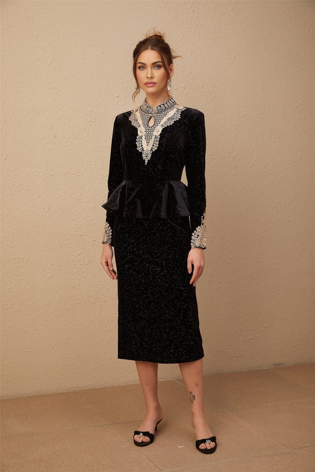 Virginia Midi Dress Black Gold Sequin Ruffle Lace Embellished