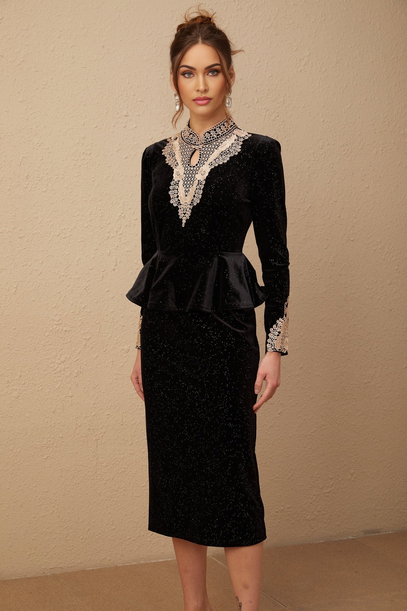 Virginia Midi Dress Black Gold Sequin Ruffle Lace Embellished