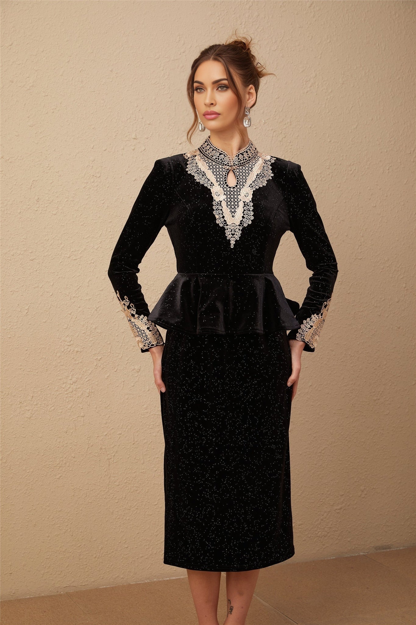 Virginia Midi Dress Black Gold Sequin Ruffle Lace Embellished