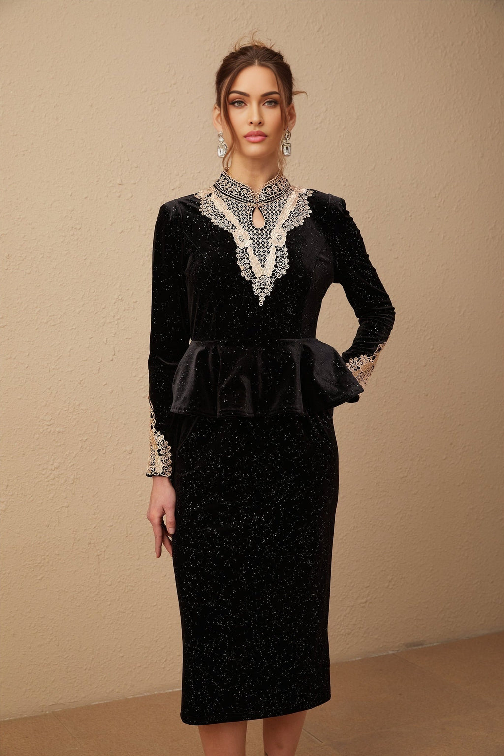 Virginia Midi Dress - tone Accents - Long Sleeves - Lace Detailing - Cut - out Design