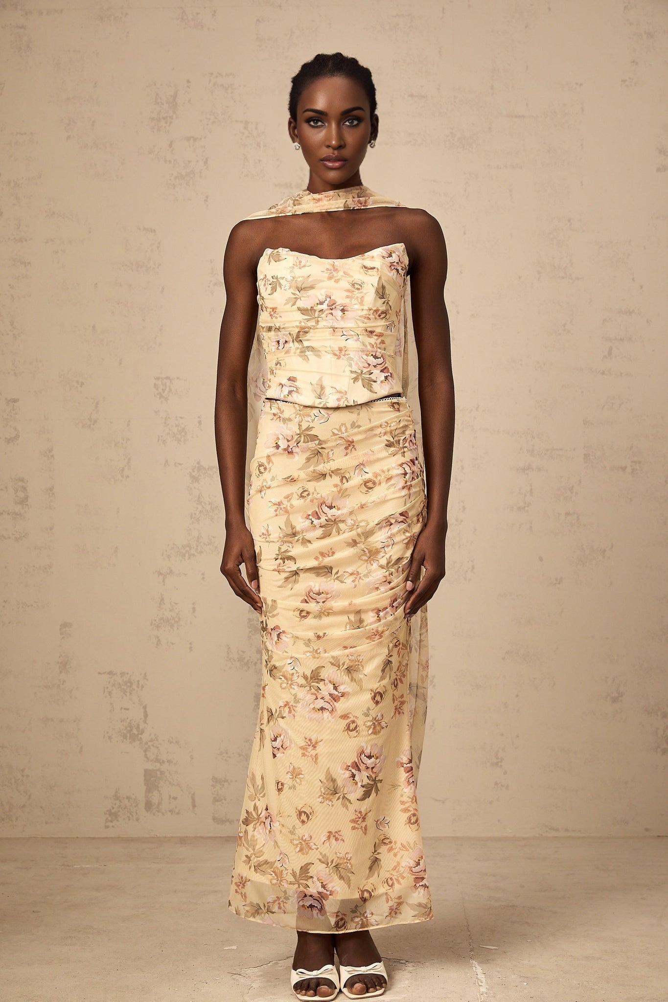Virginia Skirt & Top Set Yellow Floral Print Fitted Ensemble