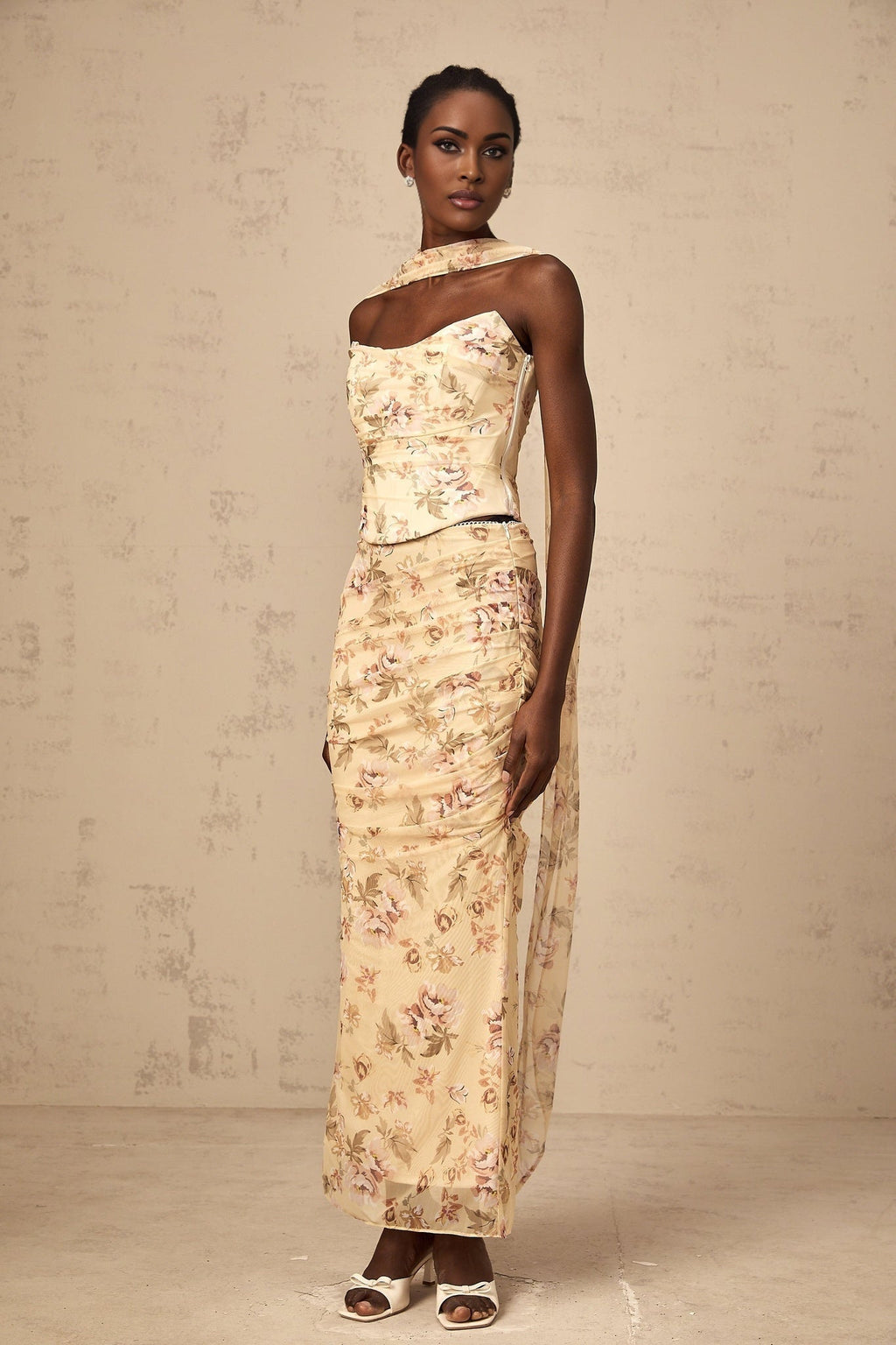 Virginia Skirt & Top Set Yellow Floral Print Fitted Ensemble