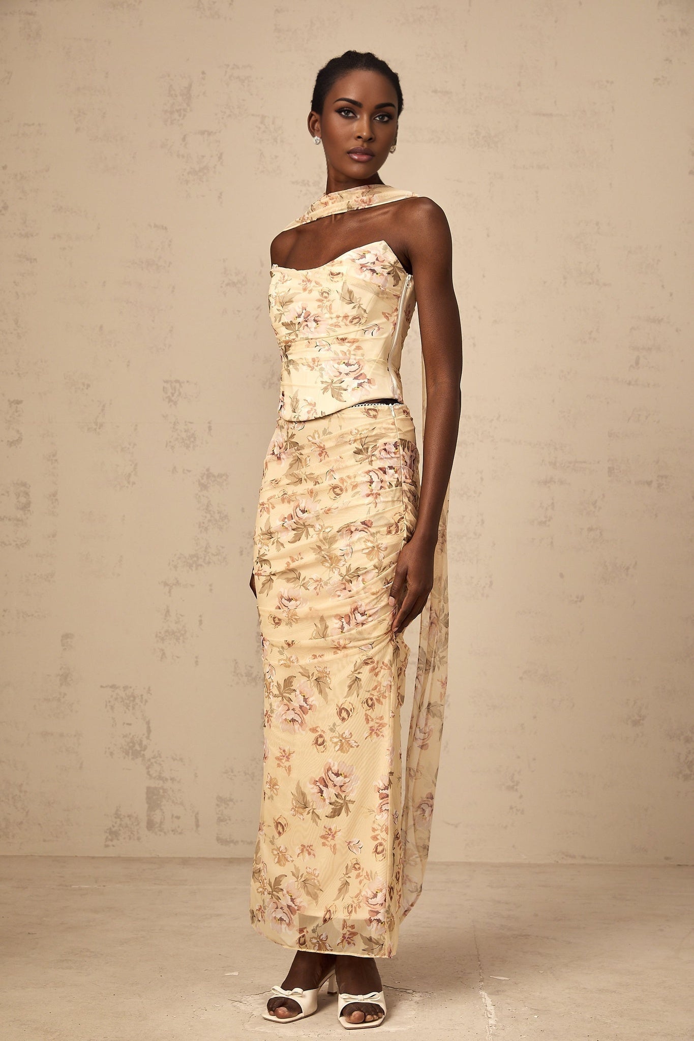 Virginia Skirt & Top Set Yellow Floral Print Fitted Ensemble