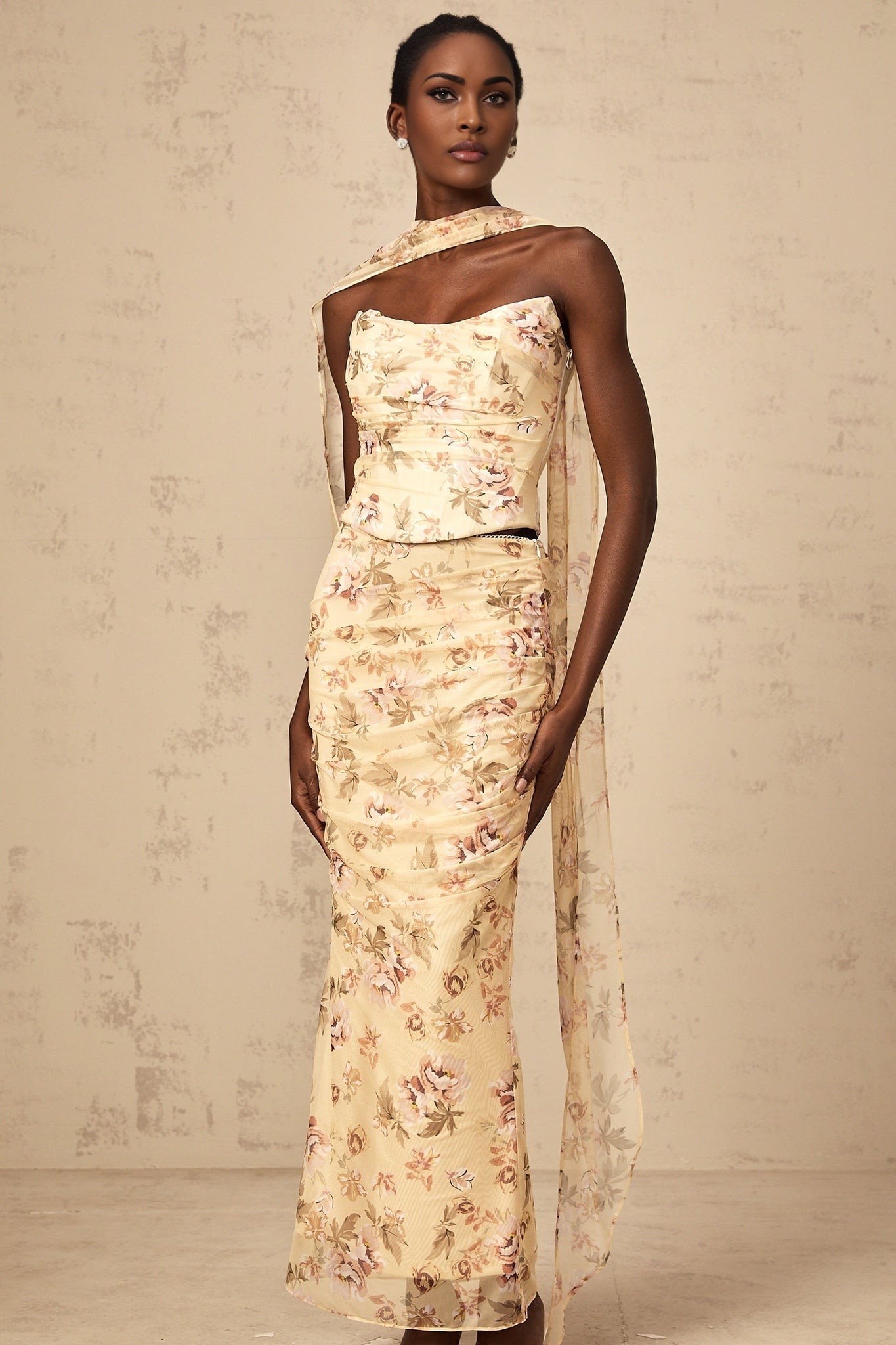 Virginia Skirt & Top Set Yellow Floral Print Fitted Ensemble