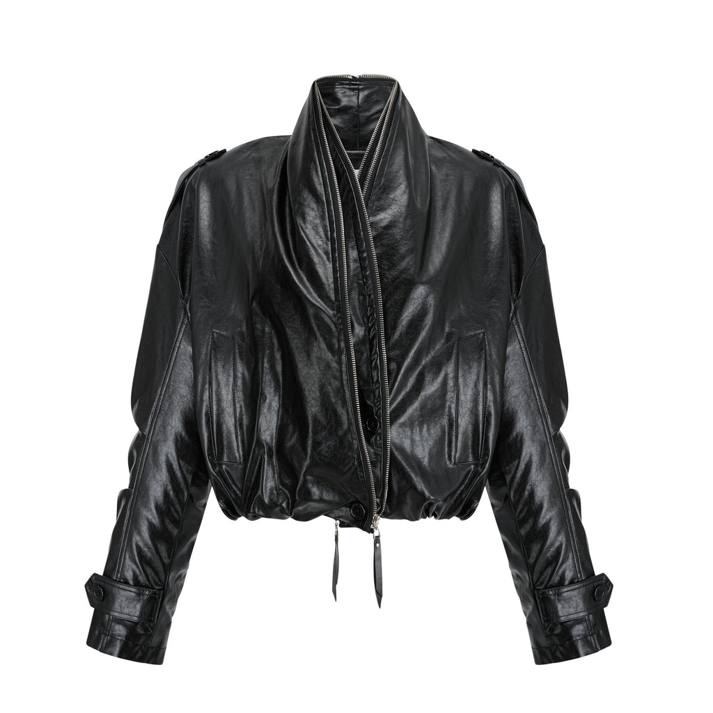 Virginie Black Cropped Faux Leather Jacket With Puff Hem