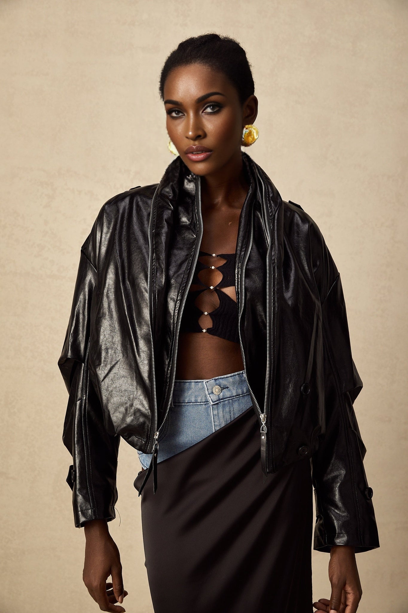 Virginie Black Cropped Faux Leather Jacket With Puff Hem