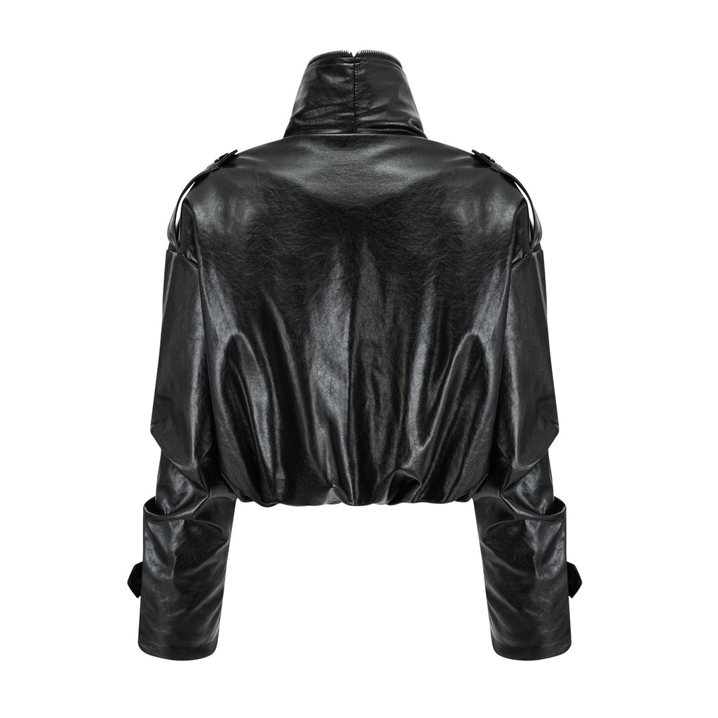 Virginie Black Cropped Faux Leather Jacket With Puff Hem