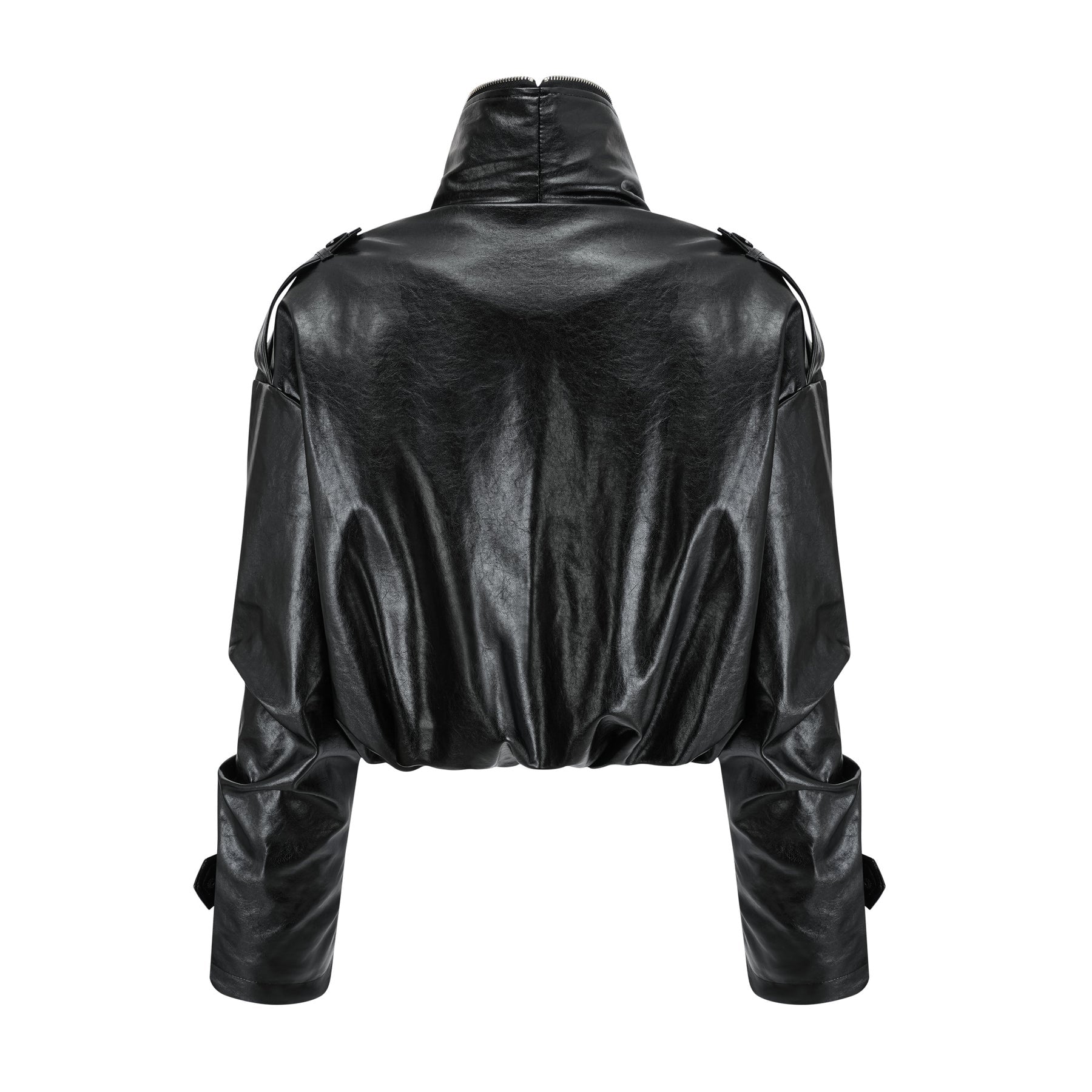 Virginie Black Cropped Faux Leather Jacket With Puff Hem