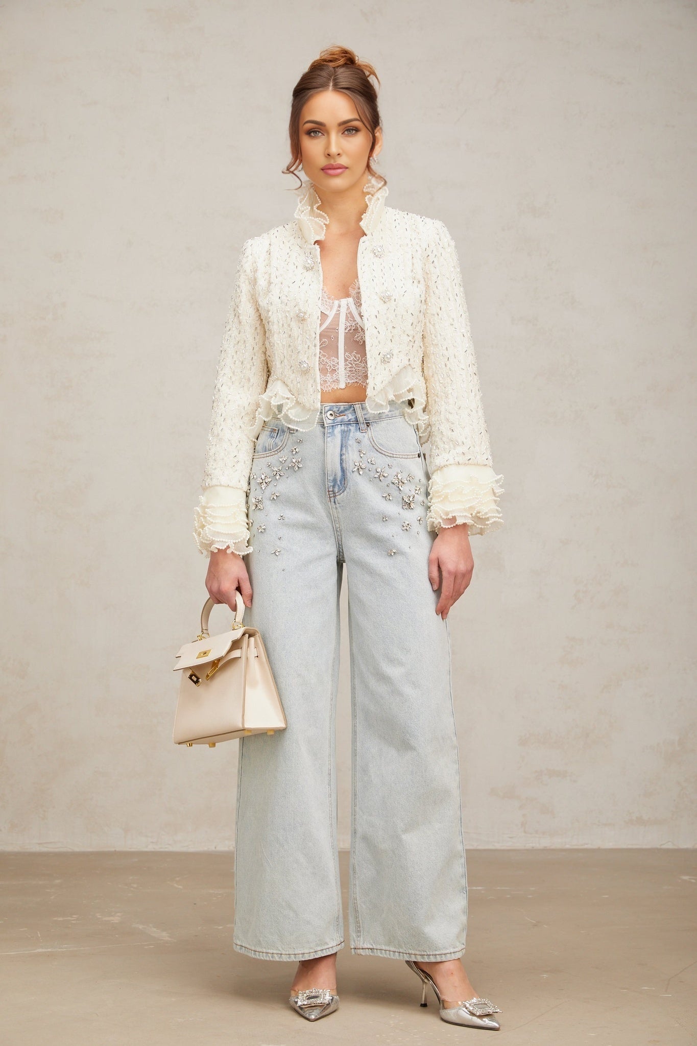 Vittoria Jacket Vittoria Beaded Ruffle Cropped White Jacket