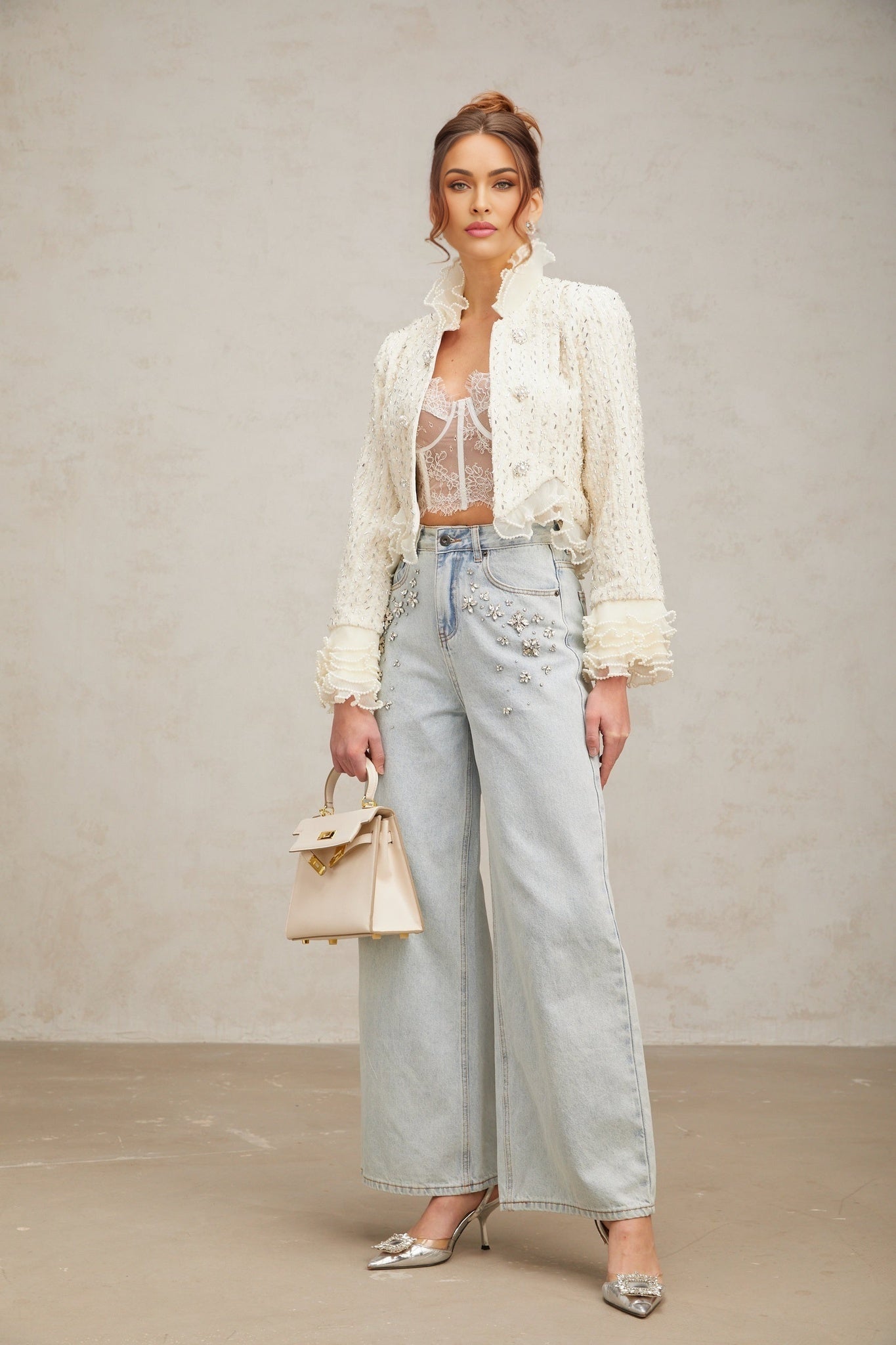 Vittoria Jacket Vittoria Beaded Ruffle Cropped White Jacket