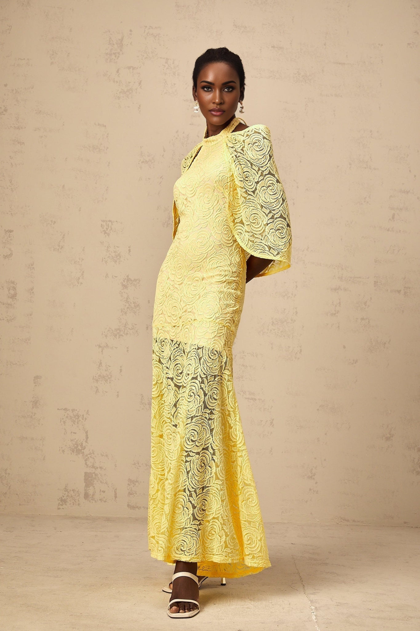Vittoria Maxi Dress in Radiant Yellow with Halterneck SemiSheer Construction & Chantilly Lace Detail