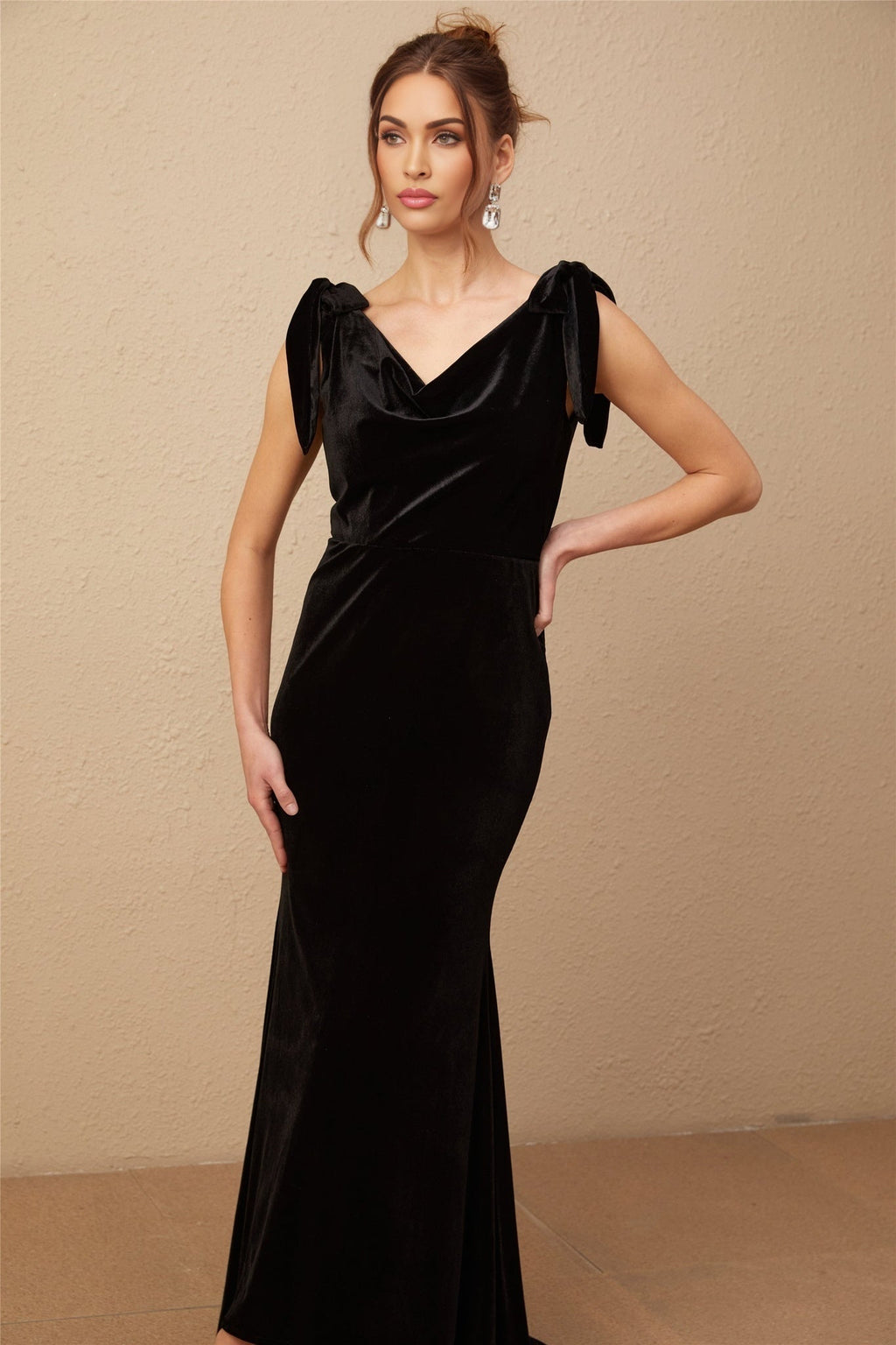 Vittoria Maxi Dress Sleek Black Velvet Cowl Neck Open Back Bow