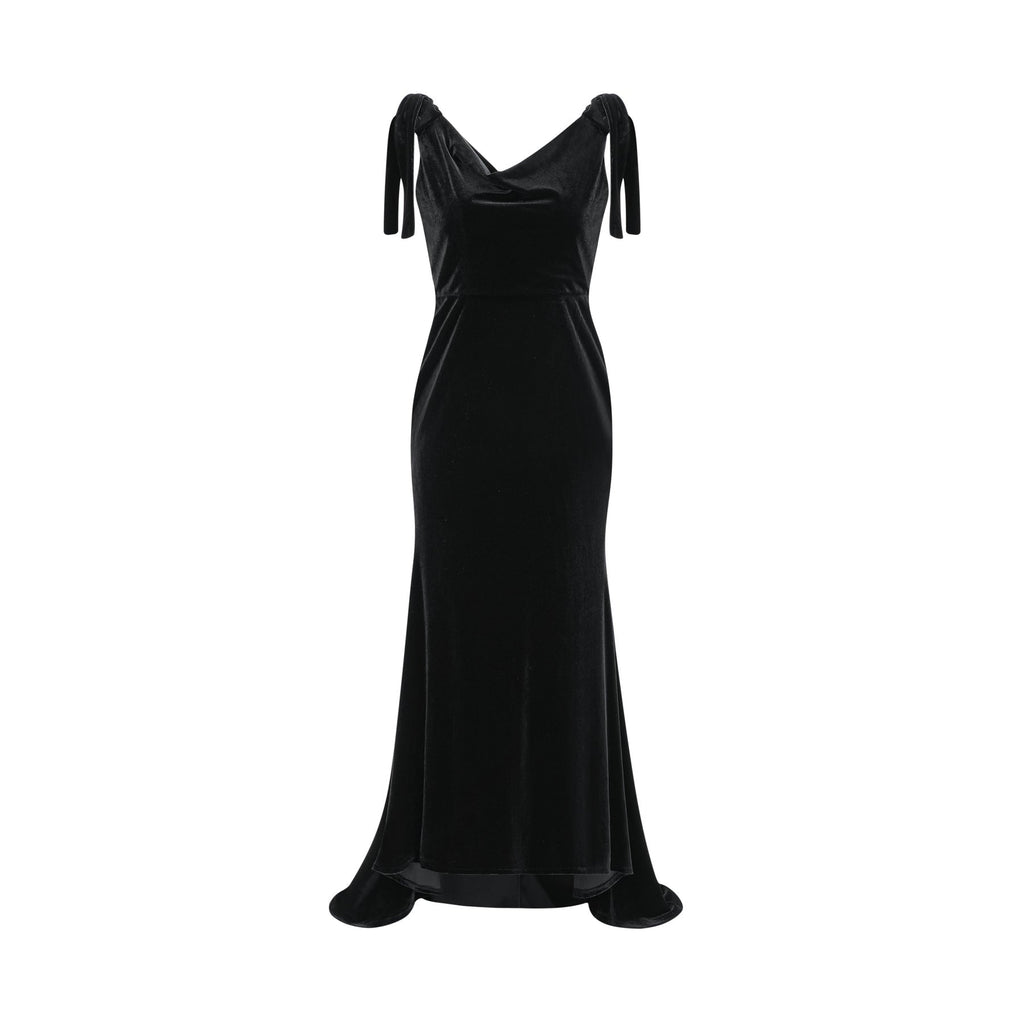 Vittoria Maxi Dress Sleek Black Velvet Cowl Neck Open Back Bow