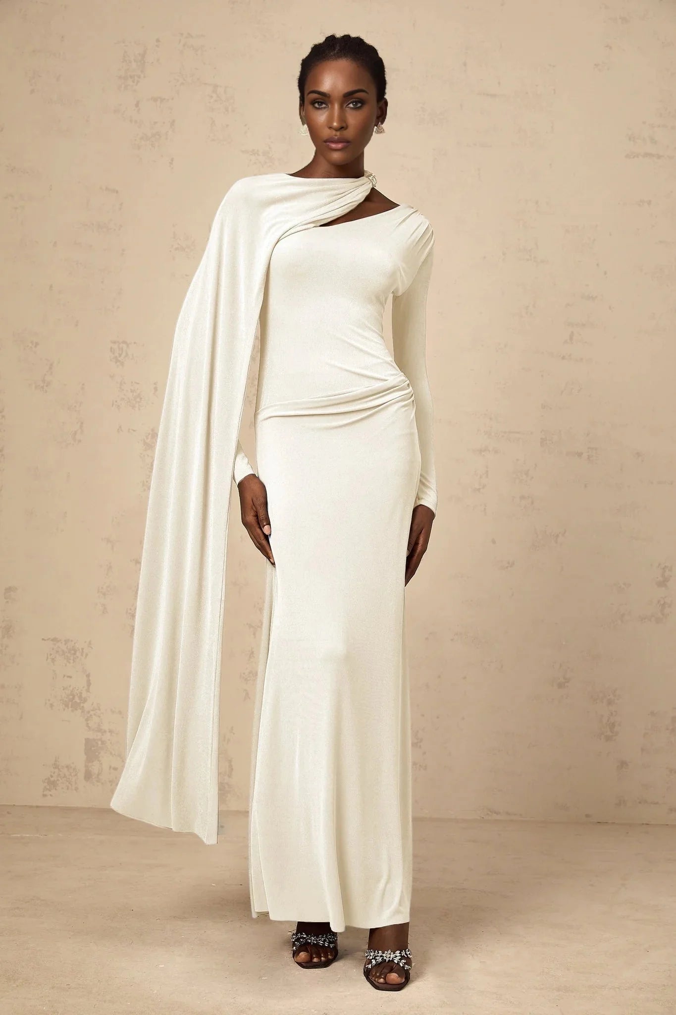 Vittoria Maxi Dress White Diagonal Shawl Fitted