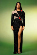 Vivian Black Sequin Maxi Dress with Slit Design and Floral Accents