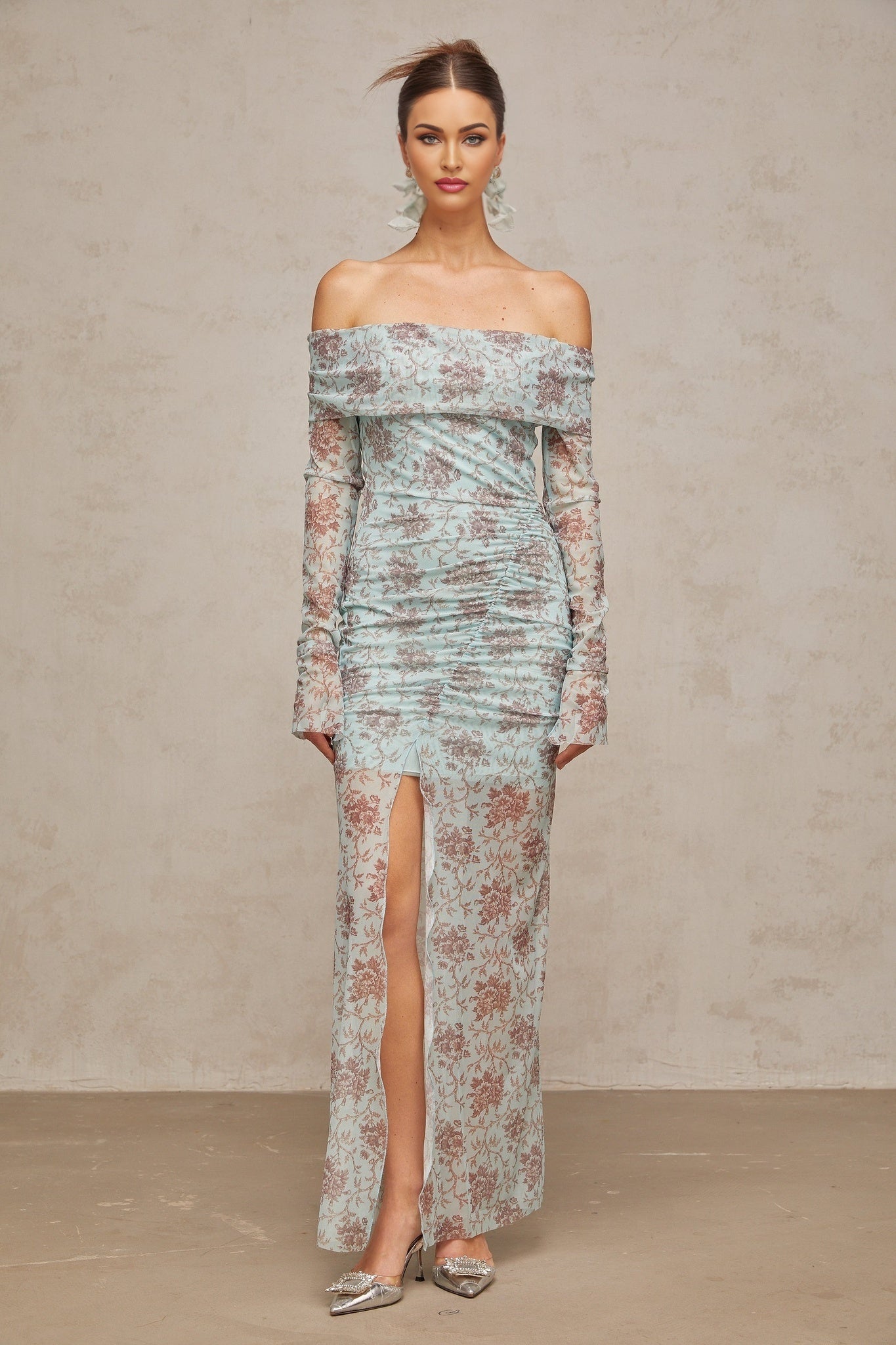 Vivian Floral Maxi Dress in Blue - Off - Shoulder & Ruched Detail