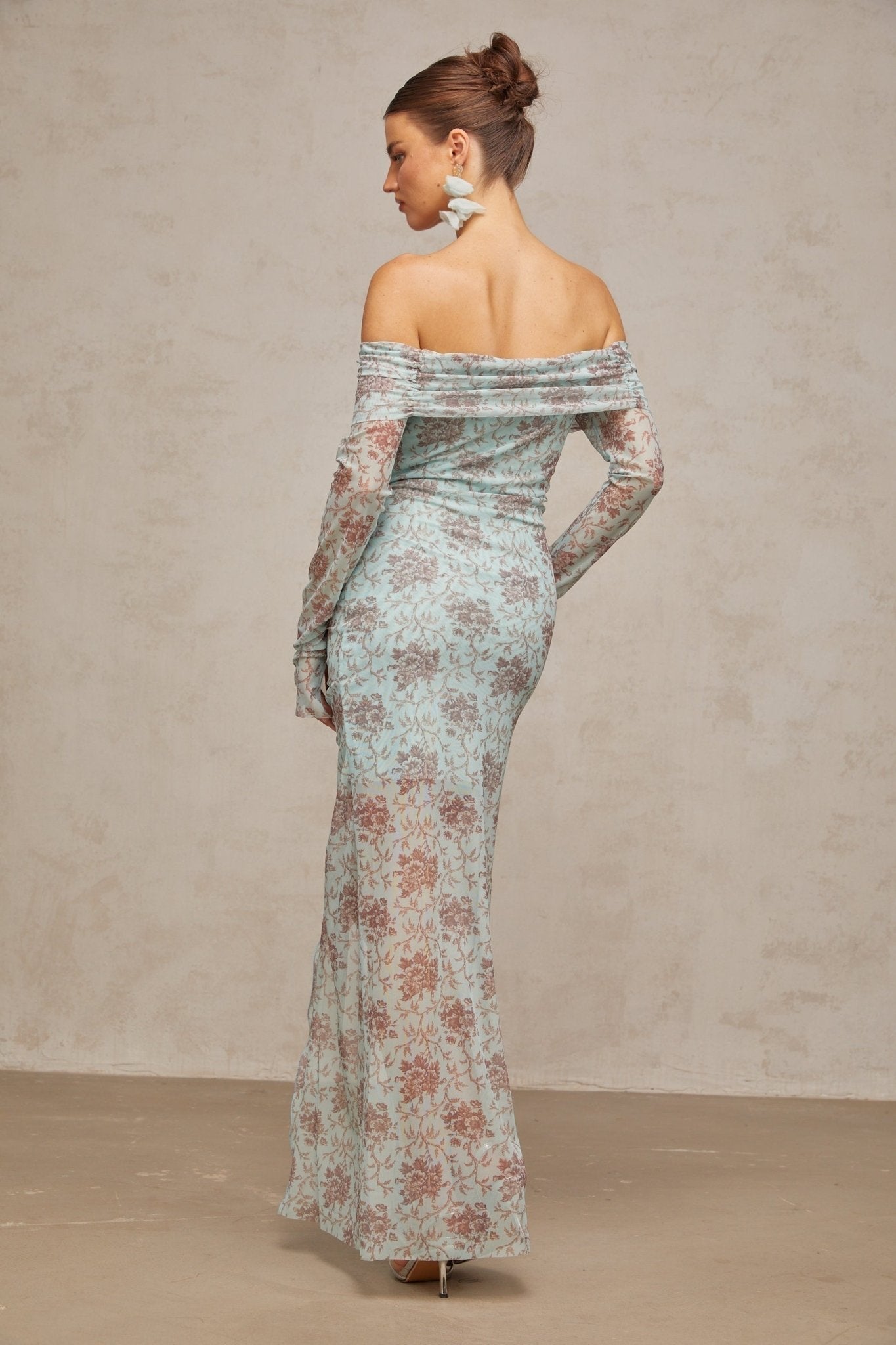 Vivian Floral Maxi Dress in Blue - Off - Shoulder & Ruched Detail