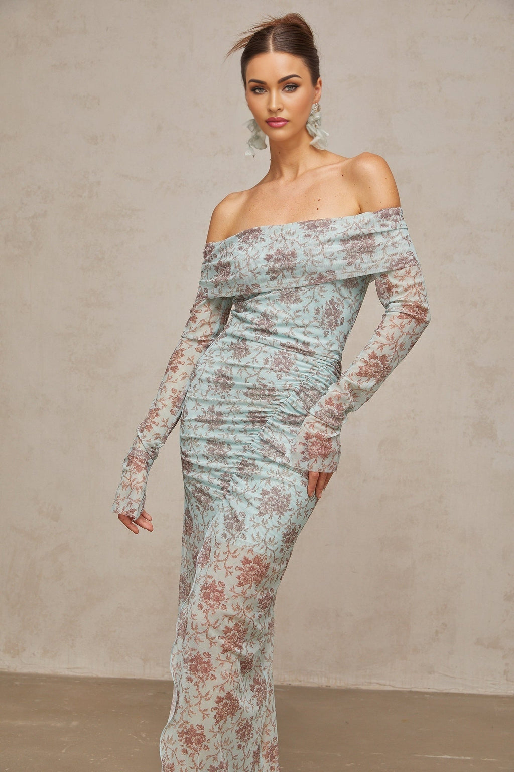 Vivian Floral Maxi Dress in Blue - Off - Shoulder & Ruched Detail