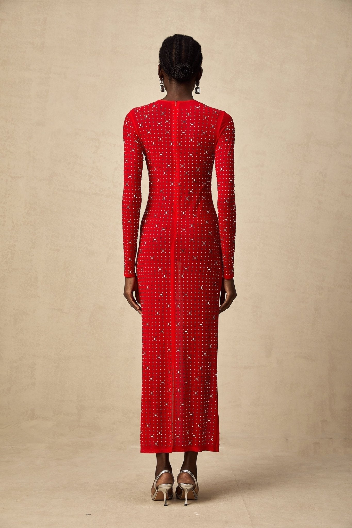 Vivian Maxi Dress in Vibrant Red with Rhinestone Embellishments & Long Flared Sleeves