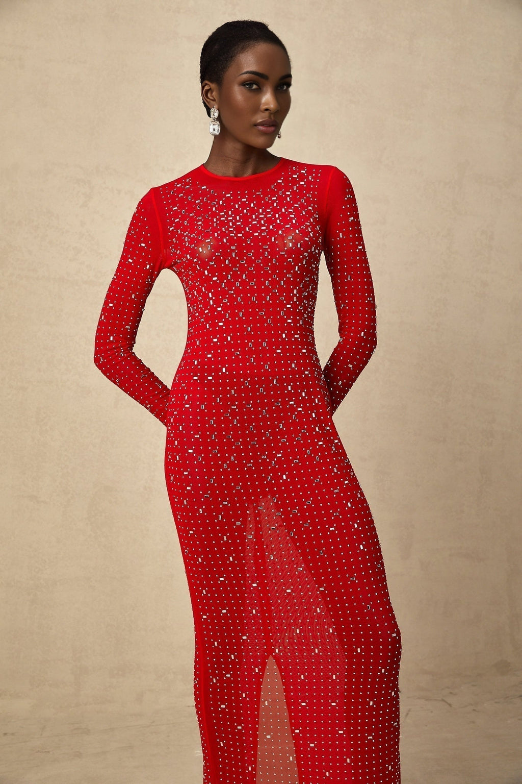 Vivian Maxi Dress in Vibrant Red with Rhinestone Embellishments & Long Flared Sleeves